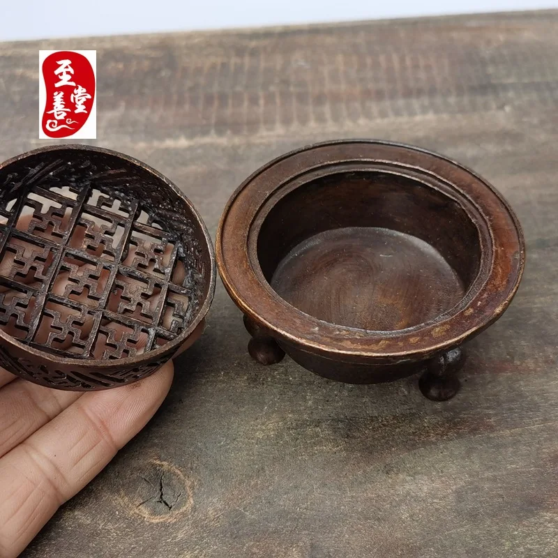 Antique-style copper alloy incense burner with a patina effect, designed for living room decoration, featuring a Qianlong-era gr