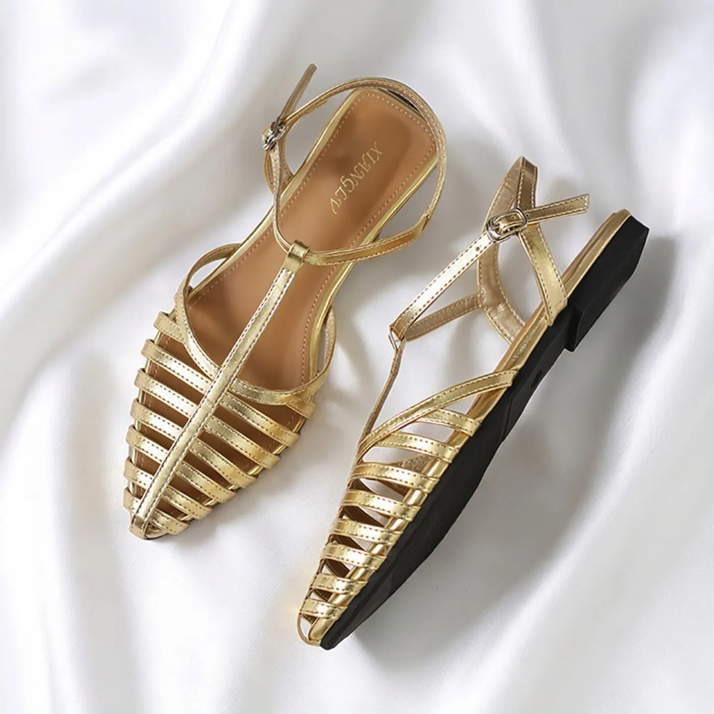 

Brand Sandals Women Flat Summer Luxury Gold Pointed Toe Narrow Band T-tied Hollow Roman Sandalias Beach Shoes Plus size 42