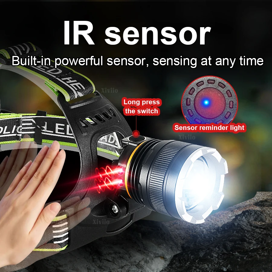 7800000000LM Most Powerful Head Flashlight White/Yellow Lights Rechargeable Headlamp Zoom 3500m Camping Fishing LED Headlights