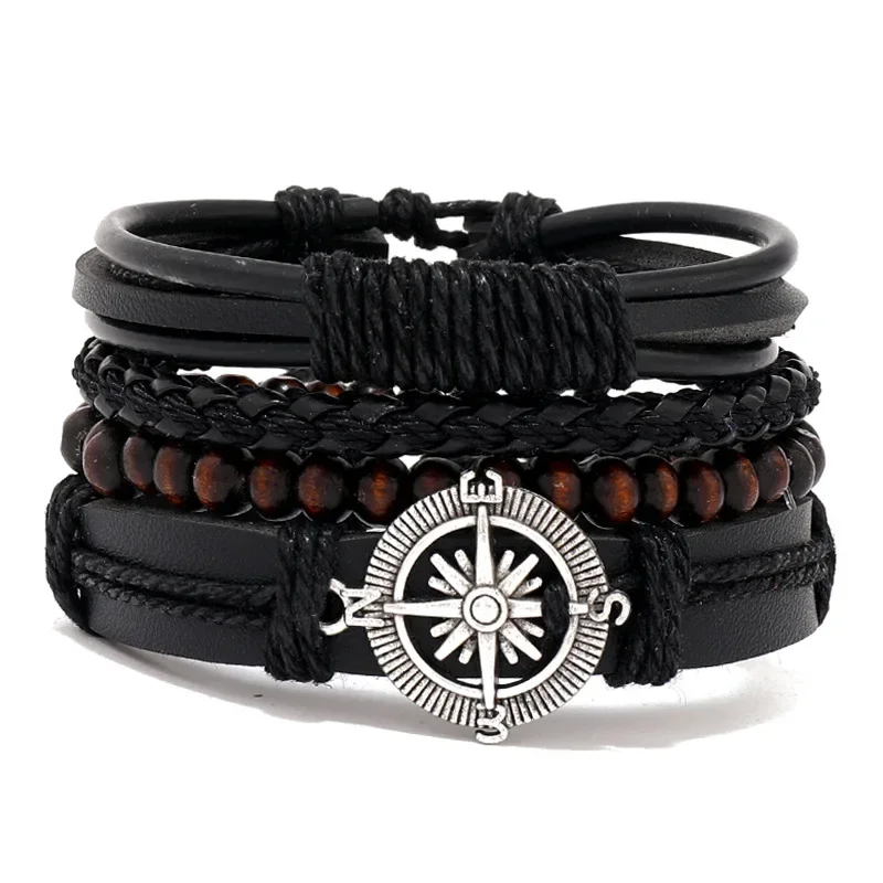 2024 4pcs Minimalist Retro Leather Bracelet Men's Multi Layered Handwoven Bracelet Set Father's Day Gift