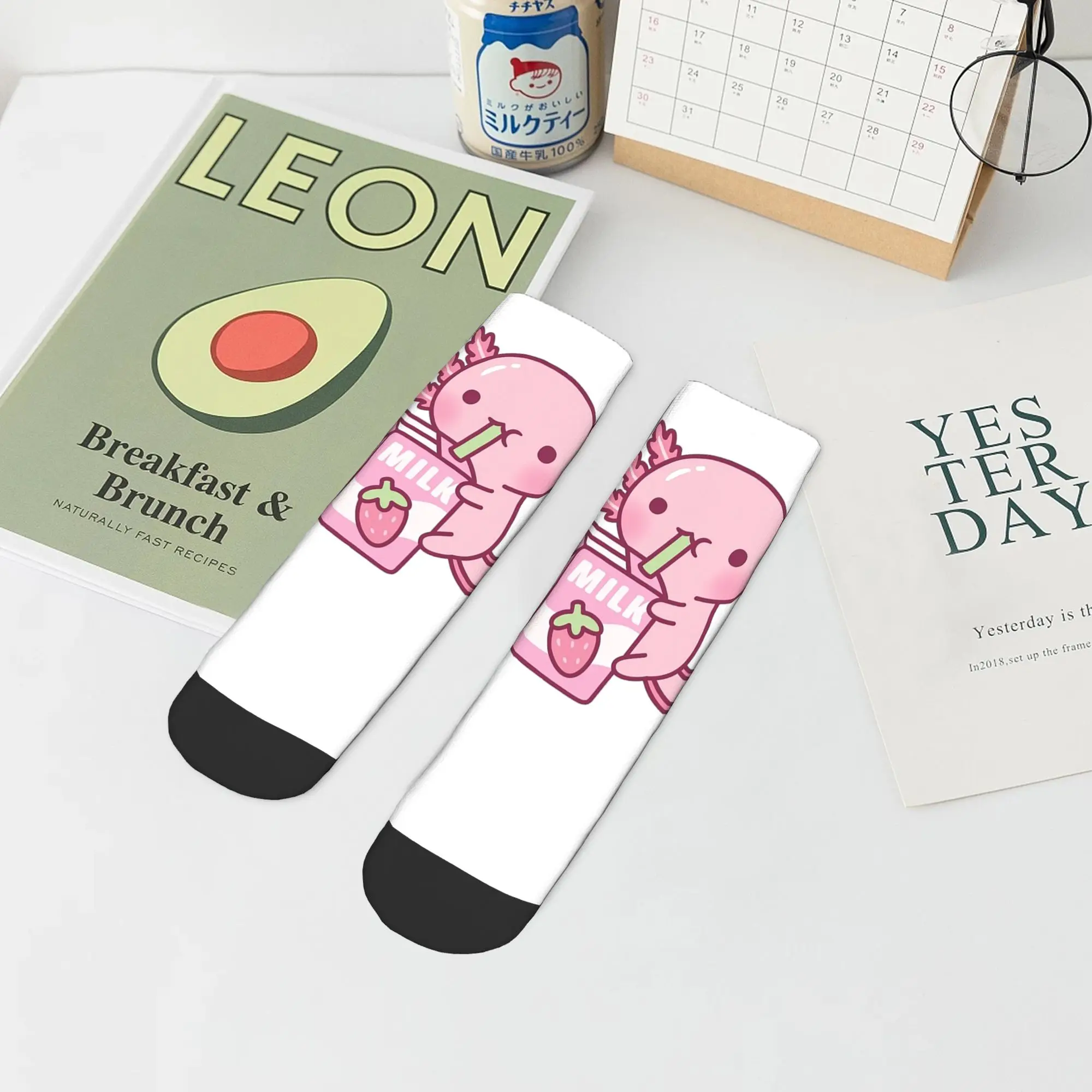 Cute Axolotl Loves Strawberry Milk Doodle  Socks Harajuku Sweat Absorbing Stockings All Season Socks Accessories for Man Woman
