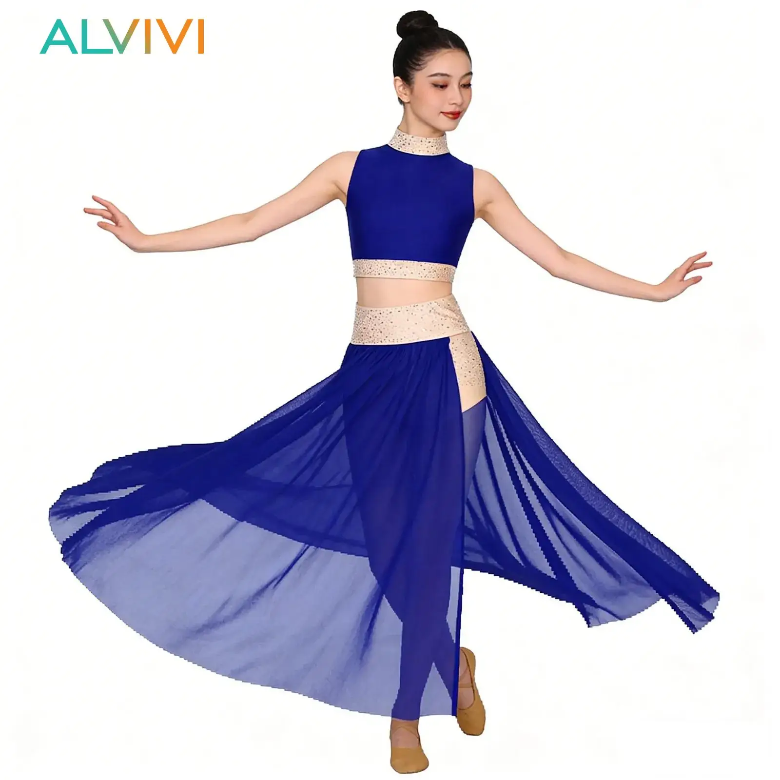 

Womens Shiny Rhinestones Belly Lyrical Dance Dress Oriental Costume Crop Top with Side Split Flowy Mesh Skirt Performance Outfit