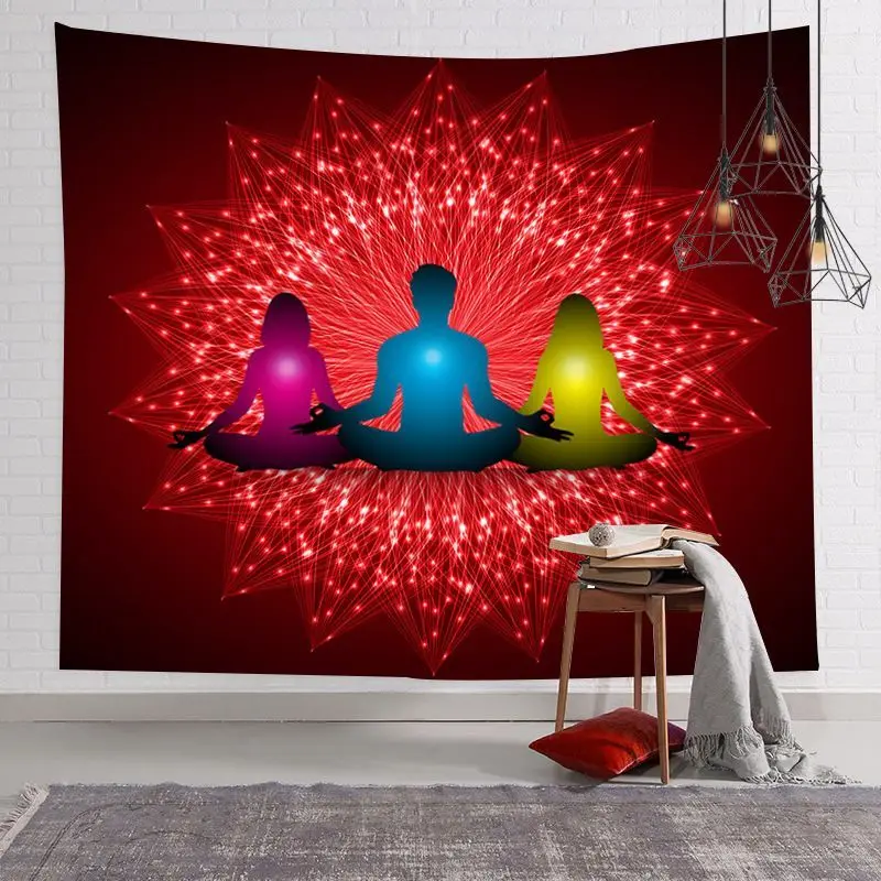 VIKAMA Seven Chakra Buddha Statue Yoga Tapestry Psychedelic Lotus Meditation Spiritual Wall Hanging Bedroom Yoga Room Home Decor