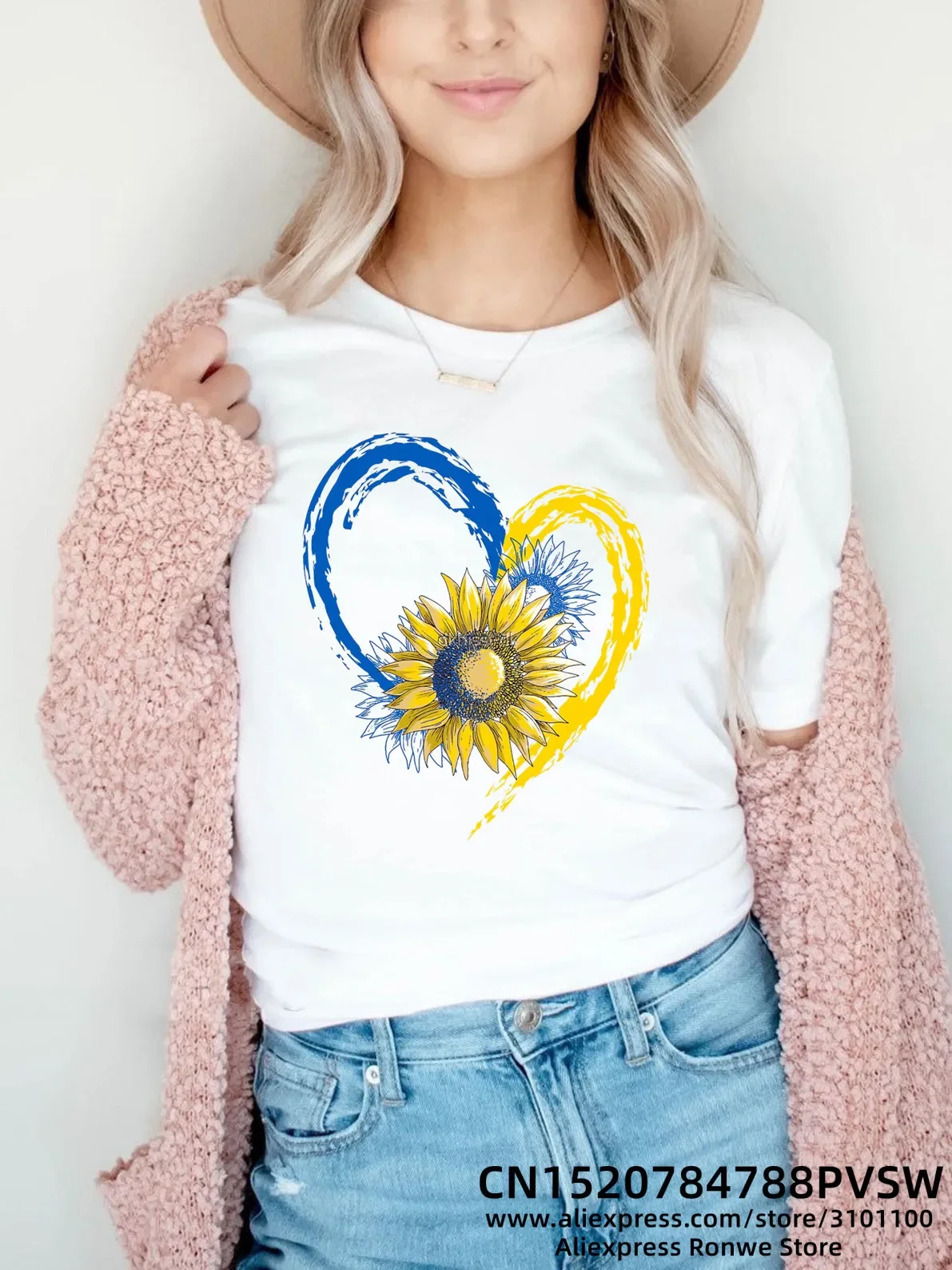 Heartbeat Sunflower Blue Yellow Women Print T-shirt Girl Y2K Short Sleeve Tee Tops Lady 90S Sweetshirts Female Harajuku Clothing