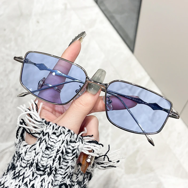 Rectangle Sunglasses Vintage Metal Glasses Frame Women Clear Shades Luxury New Blue Lens Sun Glasses Men Square Eyewear Uv400