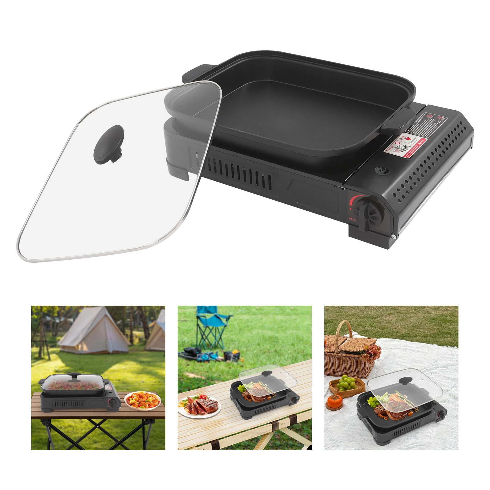 

Gas Grill Stove 2.1KW Portable Butane Camping BBQ Stainless Steel Non-stick Pan Tempered Glass Lid Piezo Ignition, Black