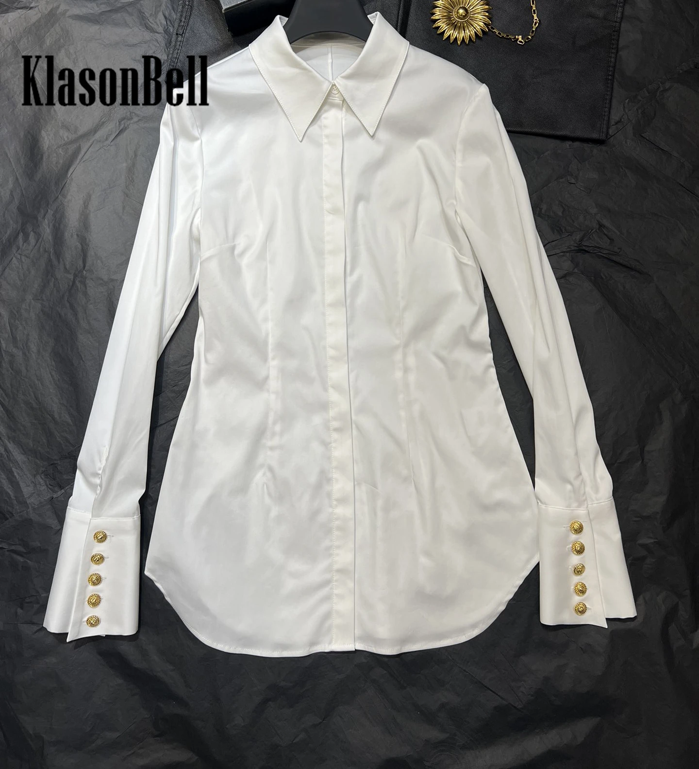 5.2 KlasonBell Vintage Elegant Collect Waist White Cotton Shirt Or Rose Flower Gold Button Halter Suspender Skirt Set Women