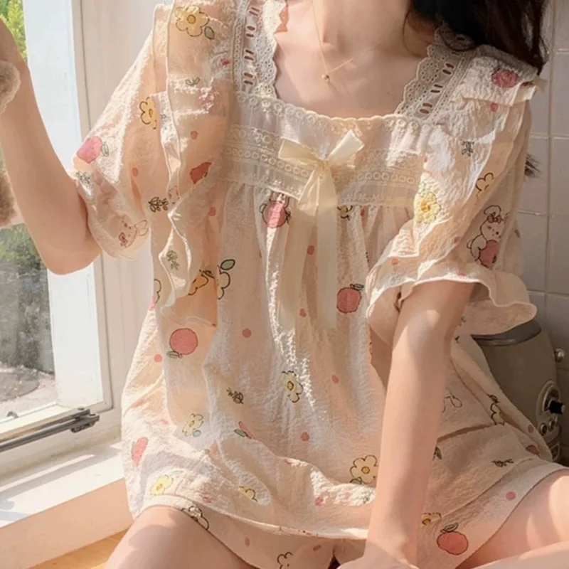 Damen Sommer Kurze Pyjamas 2-teilig Damen Prinzessinnen-Süße Pyjamas Mädchen Niedliche Blumen-Homewear Studenten-Entspannungs-Set mit Puffärmeln