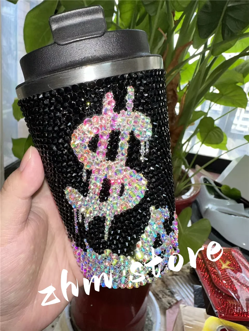 380ML Black Stainless Steel  Money Bling Dollar Auspicious Wealth Rhinestone Coffee Mug Cup