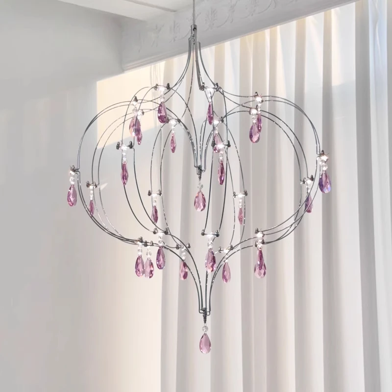 French Luxury Pink Crystal Led Chandeliers Romantic Love Art Dining Room Decor Pendant Lights