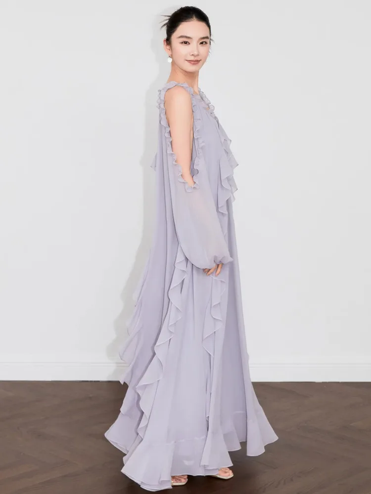 DFDG Damska Sukienka Maxi Minimalistyczna na Wiosnę Lato 2025, Odkryte Ramiona, Marszczenia, Długi Rękaw, Falbanki, Luźna, Wyszczuplająca Sukienka Wakacyjna