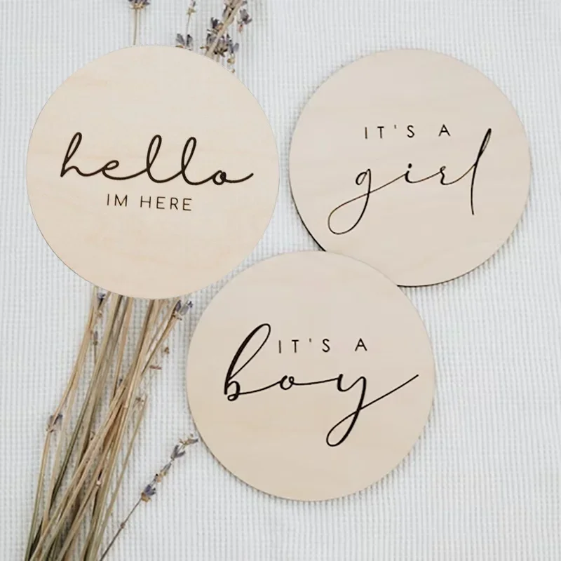 Hello I’m Here It’s A Boy It’s A Girl Wooden Sign Sets Gender Reveal Plaque Newborn Photo Prop Baby Shower Announcement Party