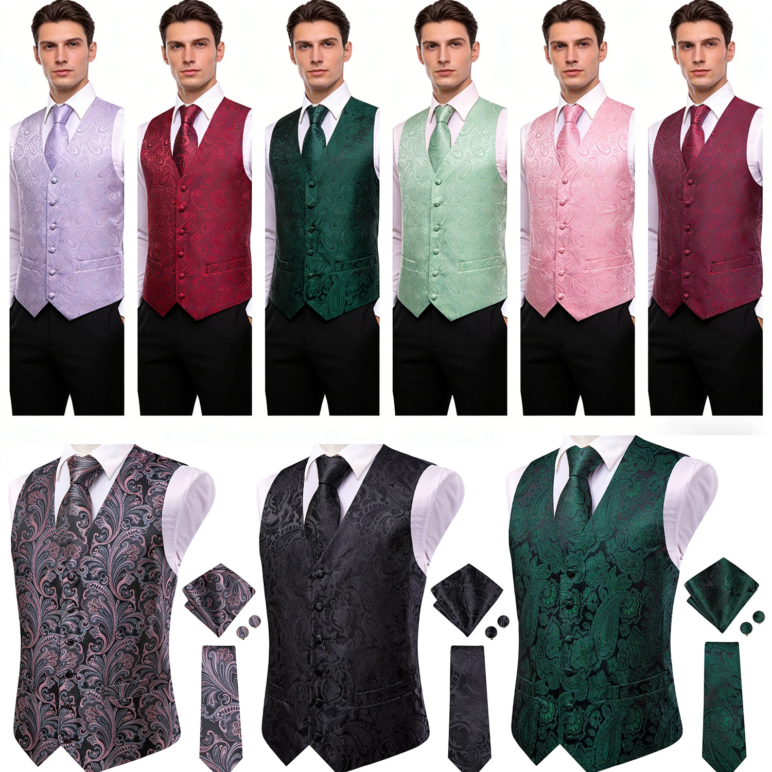 

Стильный мужской комплект с жилетом в цветочек пейсли – однобортный жилет с галстуком в тон, идеально подходит для свадеб и торжественных мероприятий.