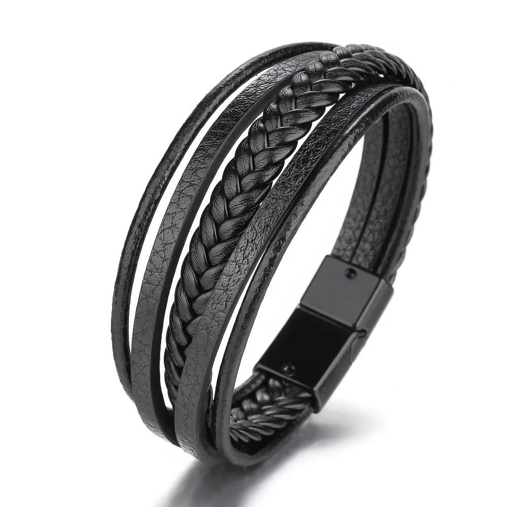 

Light luxury retro multi-layer hand-woven charm bracelet for men, leather magnetic clasp bangle