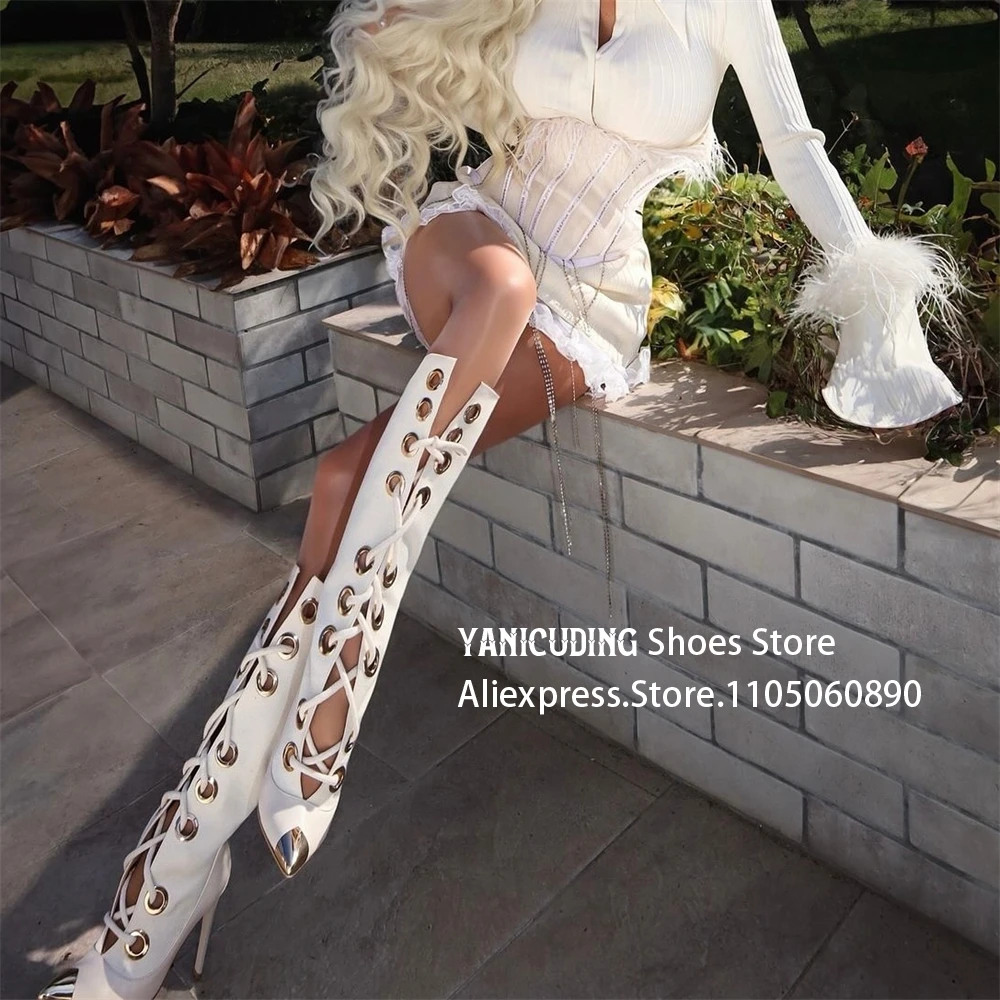 

Сапоги до колена с металлическими круглыми отверстиями и перекрестными ремешками, золотые сапоги на шпильке с острым носком, дизайнерские модные стильные сапоги ручной работы, настраиваемые