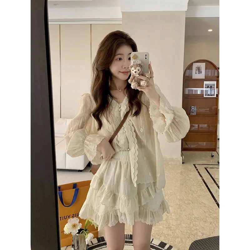 Casual Fashion Skirt Suit Women's New 2023 Summer Shirt And Long-sleeved Shirt Top 2-piece Set