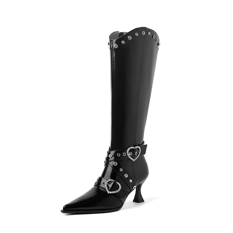 

Luxury Rhinestone Metal Belt Buckle Western Cowboy Boots British Leather Custom Pointed Thin Heel Zipper Sexy Women'S Boots