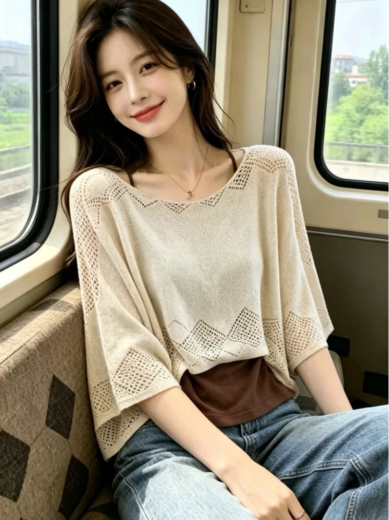 

Women's Summer Thin Hollow out Knitted Crop Top Tank Vest Two Piece Set Korean Style Straight Cut Batwing Sleeve Color