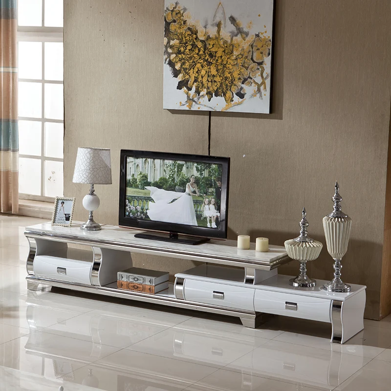 Linlamlim Stylish Living Room Furniture Set with Marble Stainless Steel Foldable TV Stand and Coffee Table TV Table Centro Table