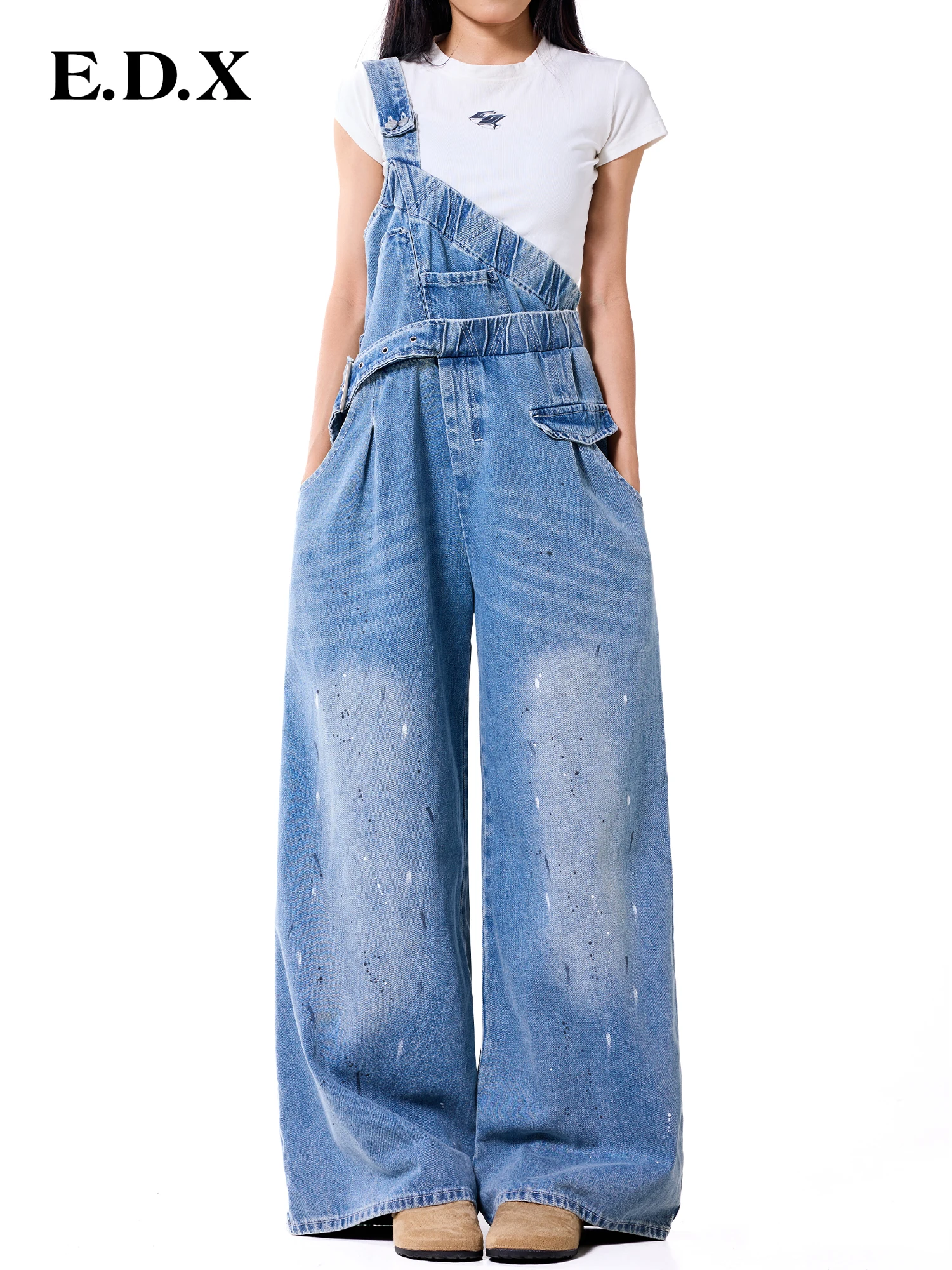Retro Distressed Denim Overalls Women's Wide Leg Slimming High Waist Autumn New Style Irregular Shoulder Strap Jeans