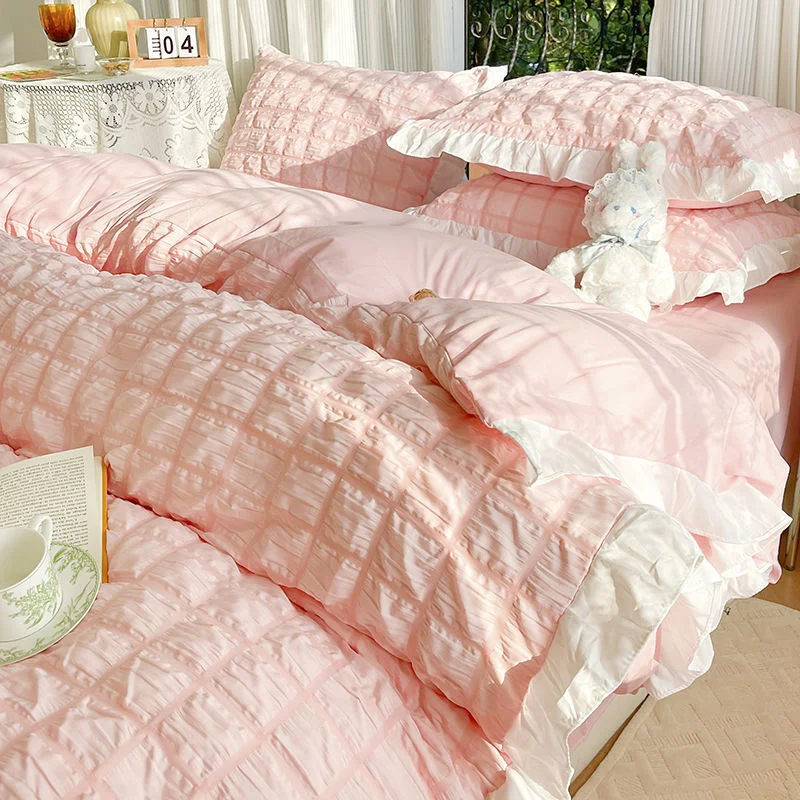 Luxury Seersucker Washed Cotton Bedding Set INS Girls Princess Bedding Set with Lace Solid color Bedclothes Sheets Pillowcase