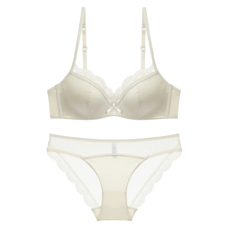 

2024Summer New Pure Desire Sexy Large Bust Minimizer Glossy Lace Trim Thin French Bra Set Lingerie for Women