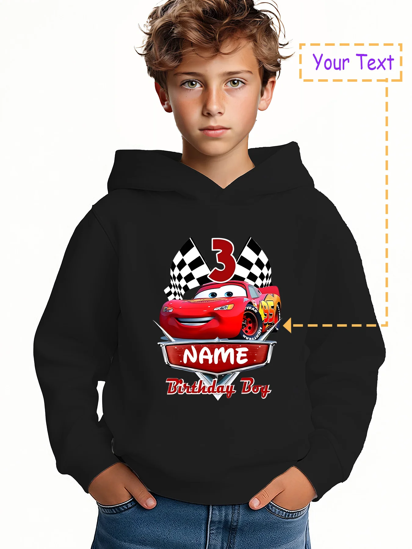

MINISO Lightning McQueen Birthday Hoodie - Officially licensed Disney Cars, featuring Lightning McQueen with birthday elements a