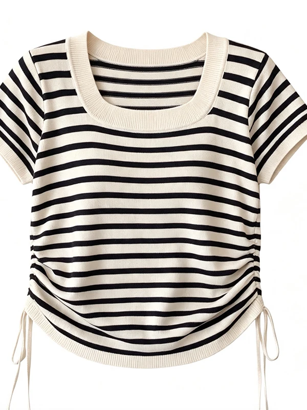 plus Size Women's Summer New Style Square Collar Stripe Side Drawstring Slim Knitted Short Sleeve T-Shirt Top for Ladies