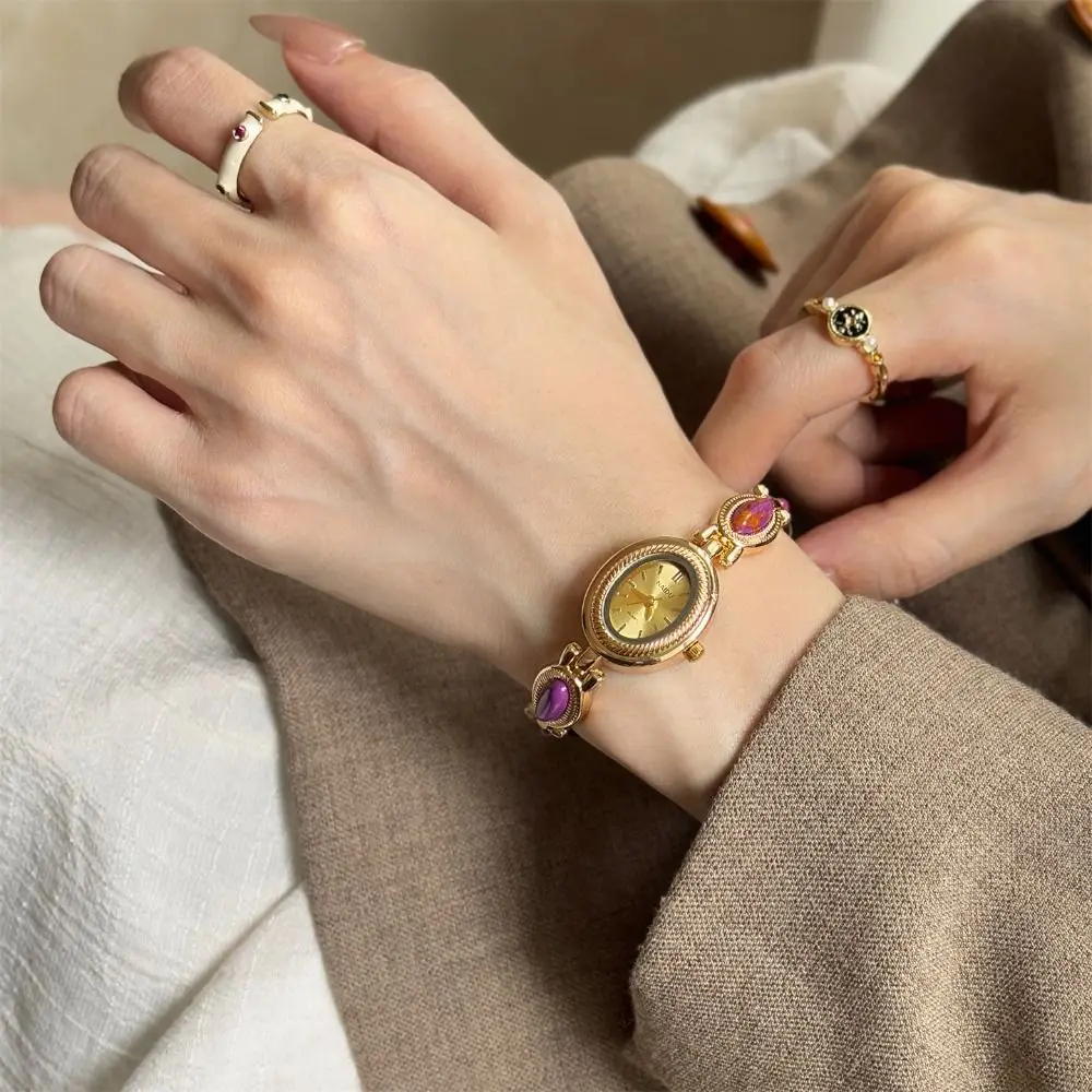 Vintage Colored Gemstones Ladies Watch Oval Luxury Quartz Watch Elegant Gift Bracelet Watch