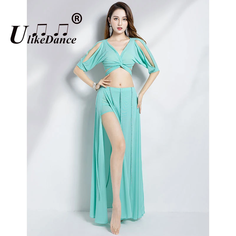 Belly Dance Clothing for Women Mesh Pearls Sleeves Top+long Skirt 2pcs Girl Oriental Costumes Set Female Practice Wear Outfit