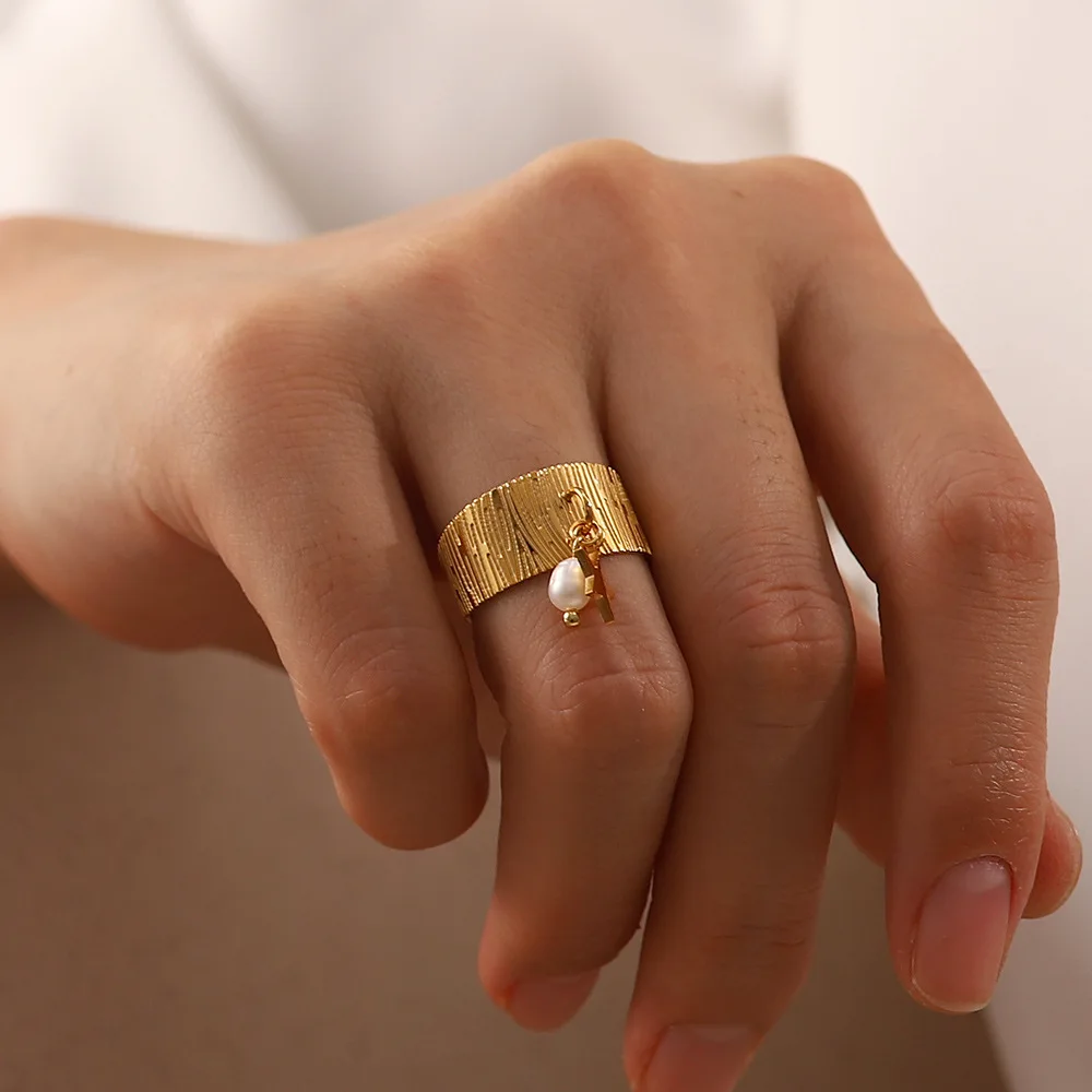 18k Gold Plated Stainless Steel Open Ring for Women Fashion Charm Minimalist Freshwater Pearl Zircon Rings Jewelry Party Gifts image 4