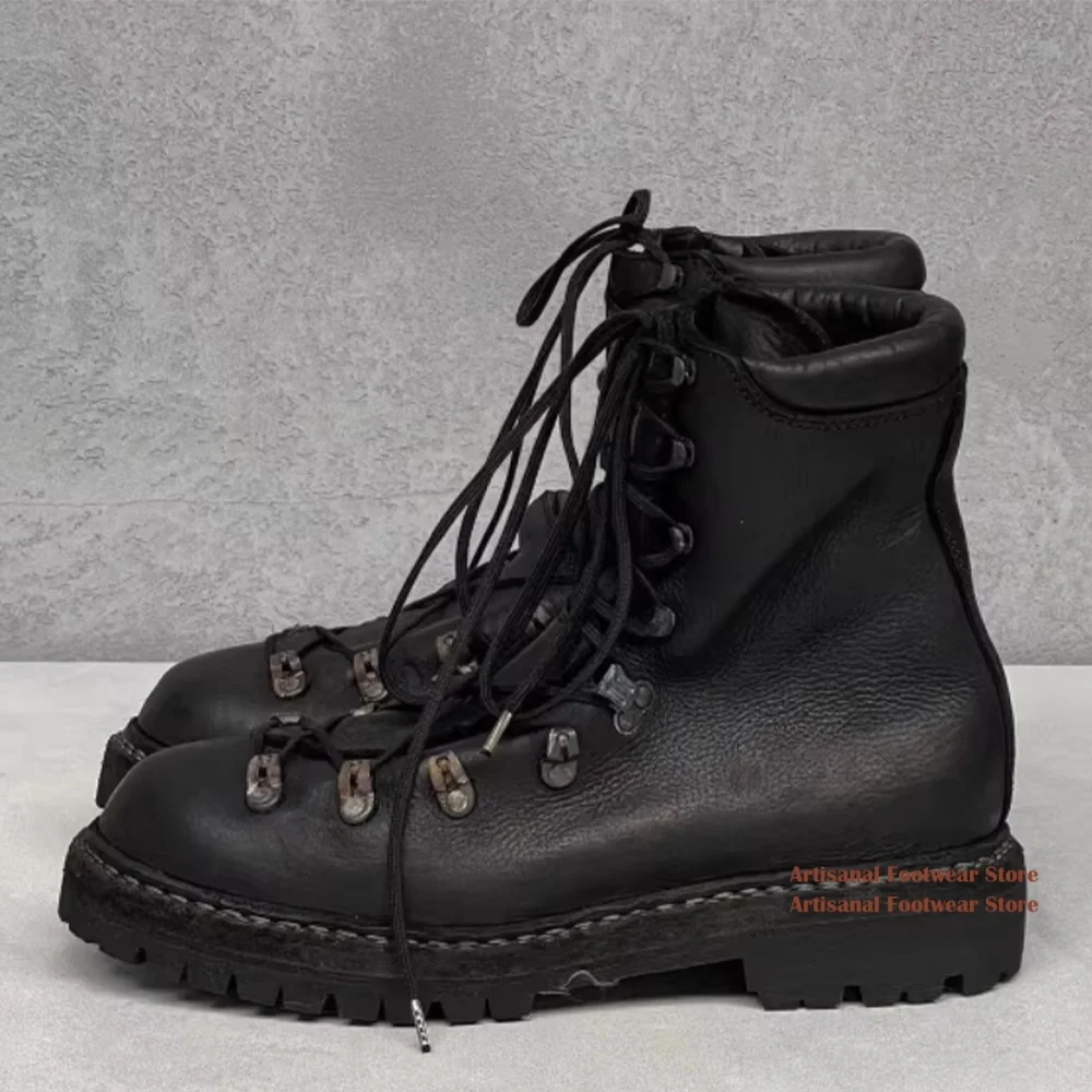Metal Buckle Front Strap Ankle Boots for Men Round Toe Thick Soled Black Leather Casual Hiking Boots Trendy Handmade Men's Boots