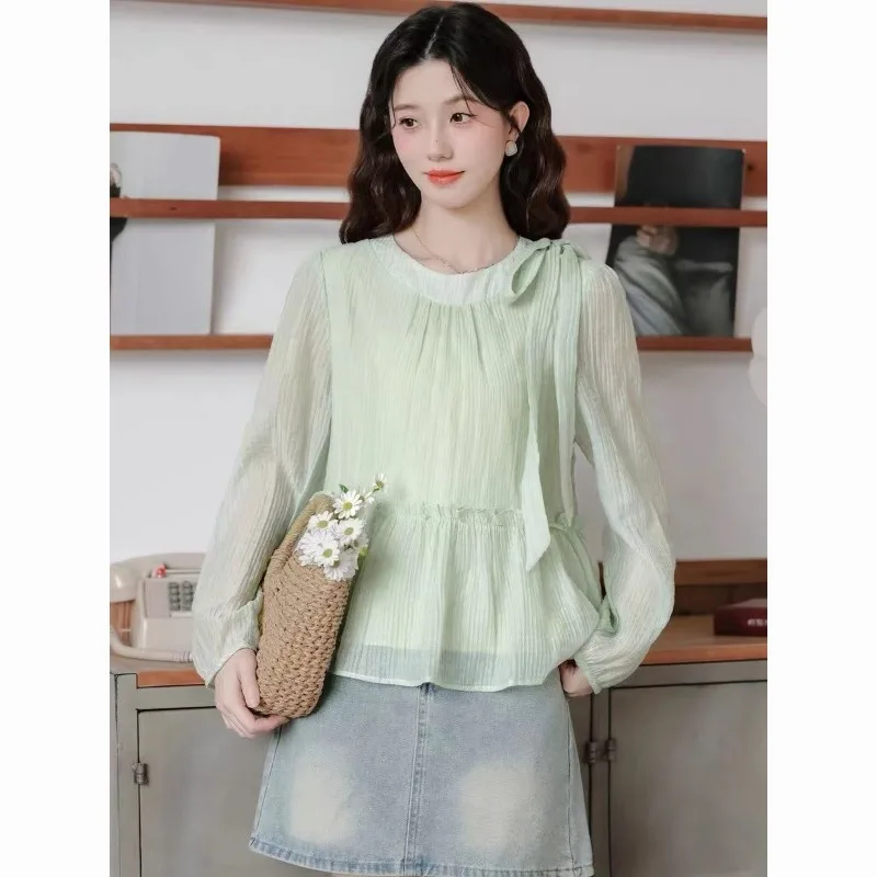 Autumn New Bow Chiffon Shirt Women's Long-sleeved Sweet Loose Belly-covering Baby Doll Top