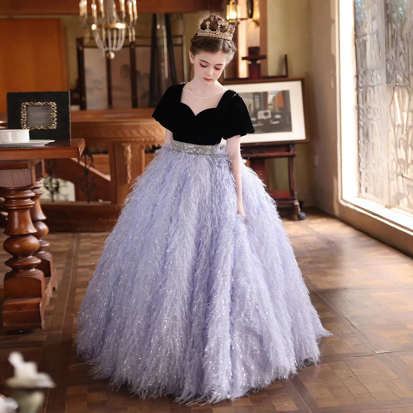 

Jill Wish J229 Luxury Lilac Feather Girls Dress Square Neck Rhinestone Belt Long Gown Flower Girl Wedding Pageant Party Dress