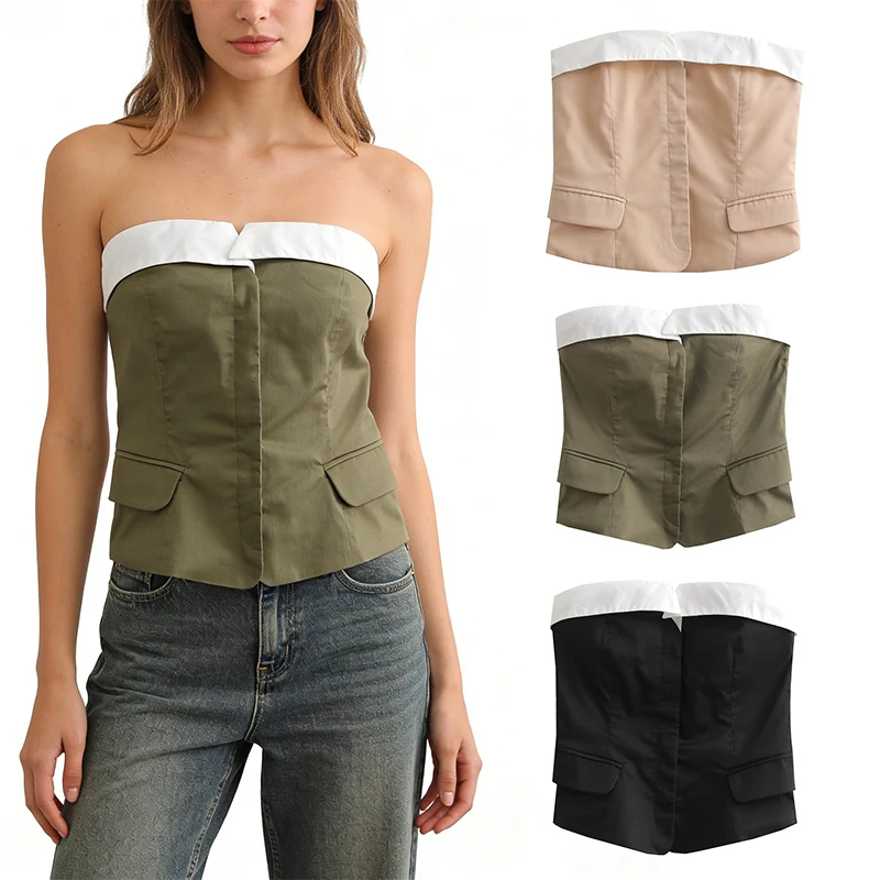 

Женская укороченная блузка-бюстье SLTNX без бретелек в стиле рубашки с контрастным белым воротником и карманом, черная/оливковая/бежевая, повседневная, для вечеринок и на каждый день