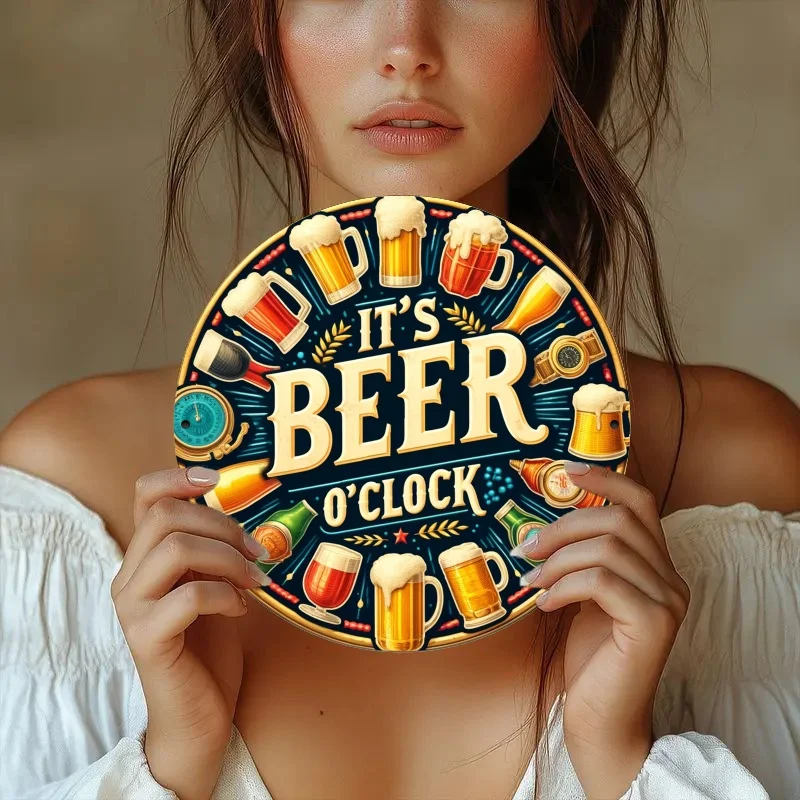 2D Flat, Bar Decoration 1pc, 2D, It's Beer Time, Tavern Decoration Round Metal Plaque Sign, Measures 19.81x19.81 cm, Unique Gift