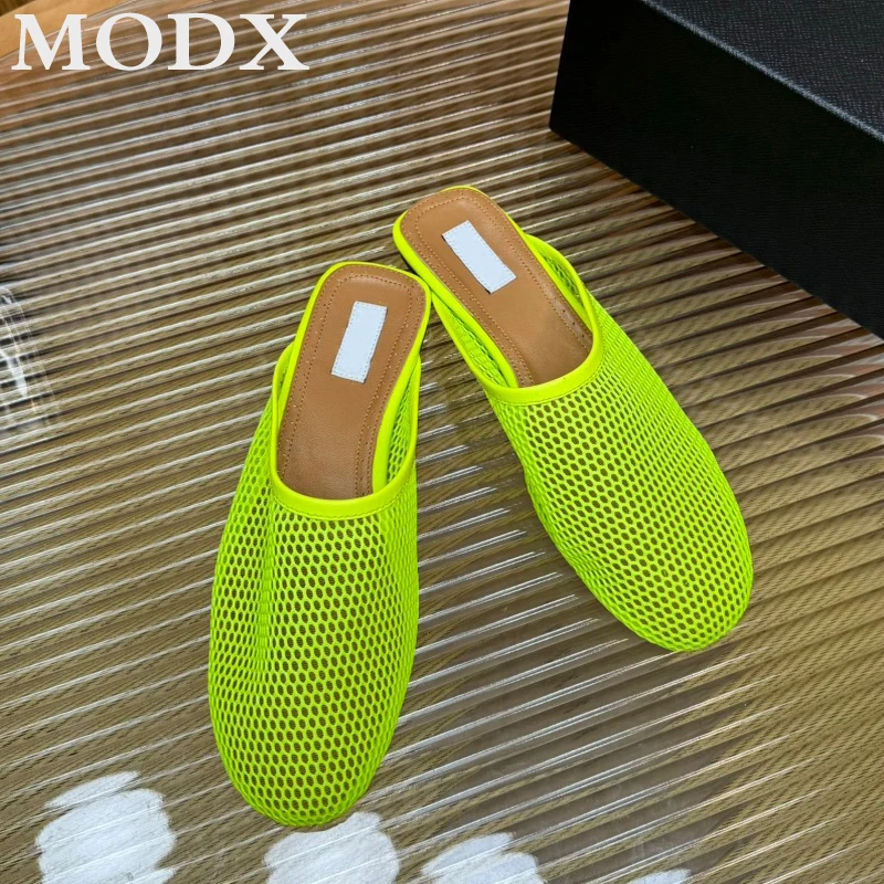 French High Quality Niche Slippers Brand New Mesh Sheepskin Closed Toe Flat Half Slippers Hollow Women\'s Summer Outdoor Sandals