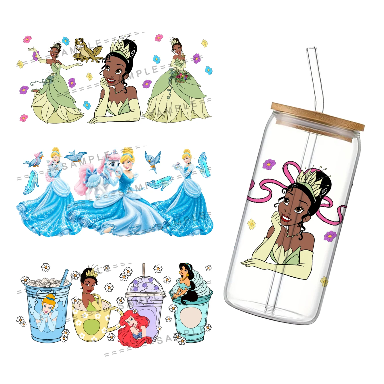 Disney Princess 3D Waterproof UV DTF Cup Wrap for 16Oz Libbey Cartoon Princess Glass Can DIY Transfer Sticker