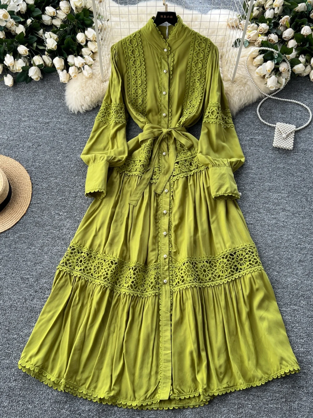 

Ele Vintage Lace Pearl Trim A-Line Dr Flared Lantern Sve High Collar Long Sve Mid-Length Korean Sle Office Wear
