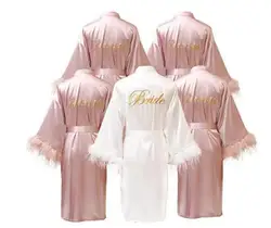 Peignoir Kimono en Satin pour femmes, plumes, demoiselle d'honneur, vêtements de nuit, lettres brodées, Lingerie à col en v