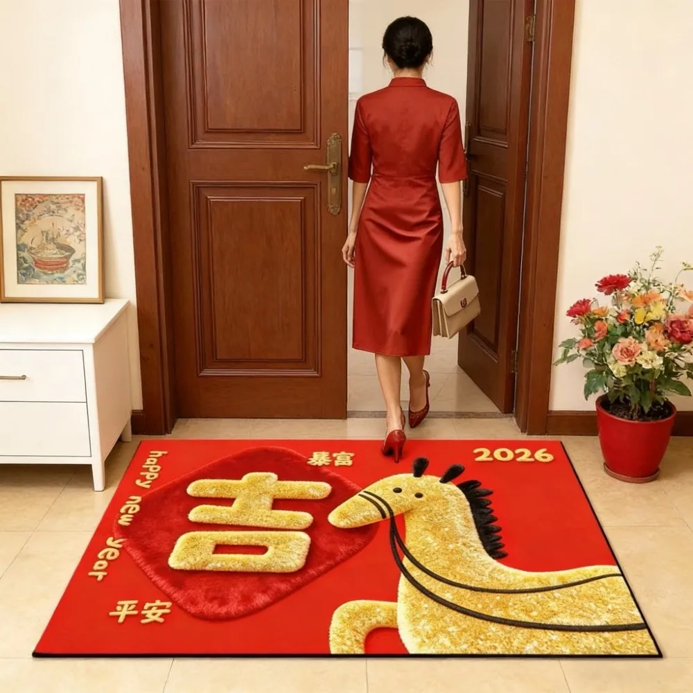 Cartoon-Pferde-Bodenmatte, Segenworte, schnell trocknend, 2026, Neujahr, Anti-Rutsch-Matte, weich, praktisch, Pony-Fußmatte, Mondneujahr