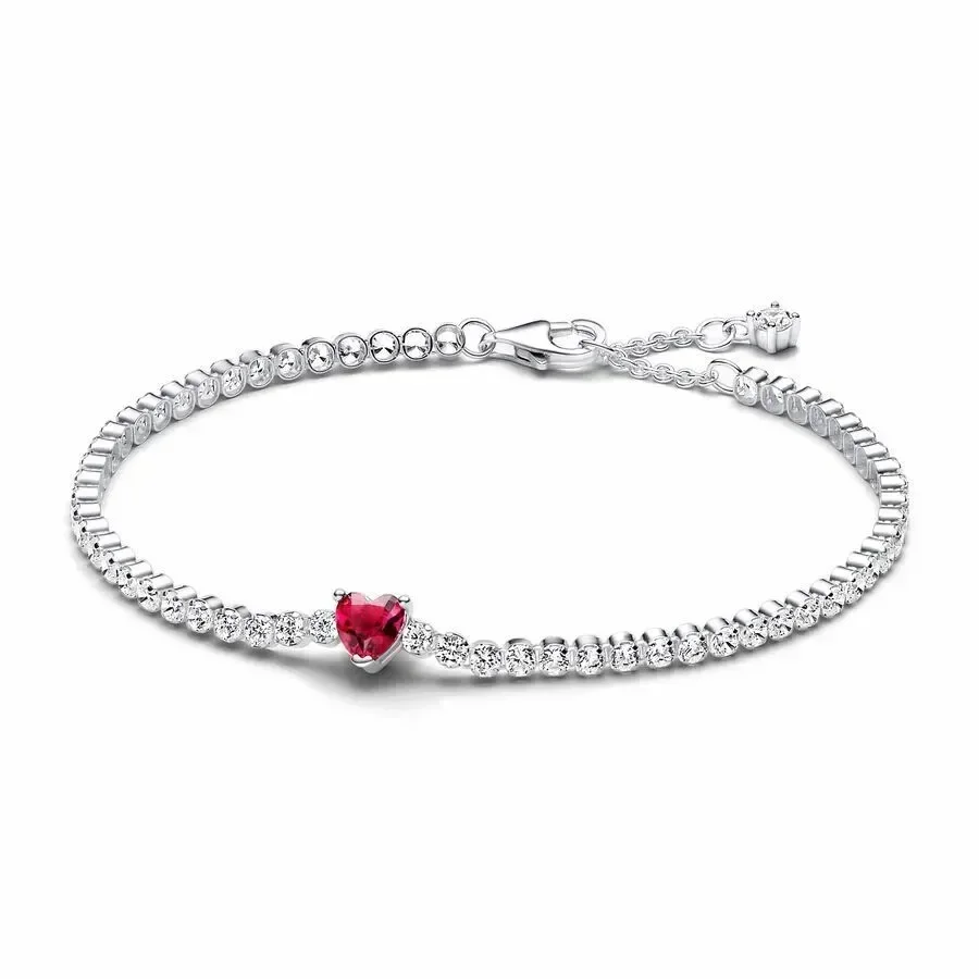 Exquisite 925 sterling silver crystal zircon red heart tennis bracelet women's DIY charm engagement wedding jewelry