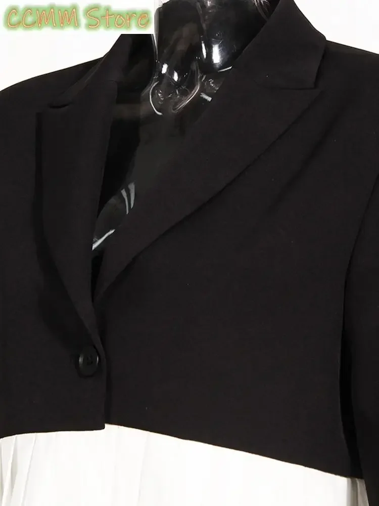 Women Black White Pleated Color-block Blazer New Lapel Long Sleeve Loose Fit Jacket Fashion Tide Spring Autumn