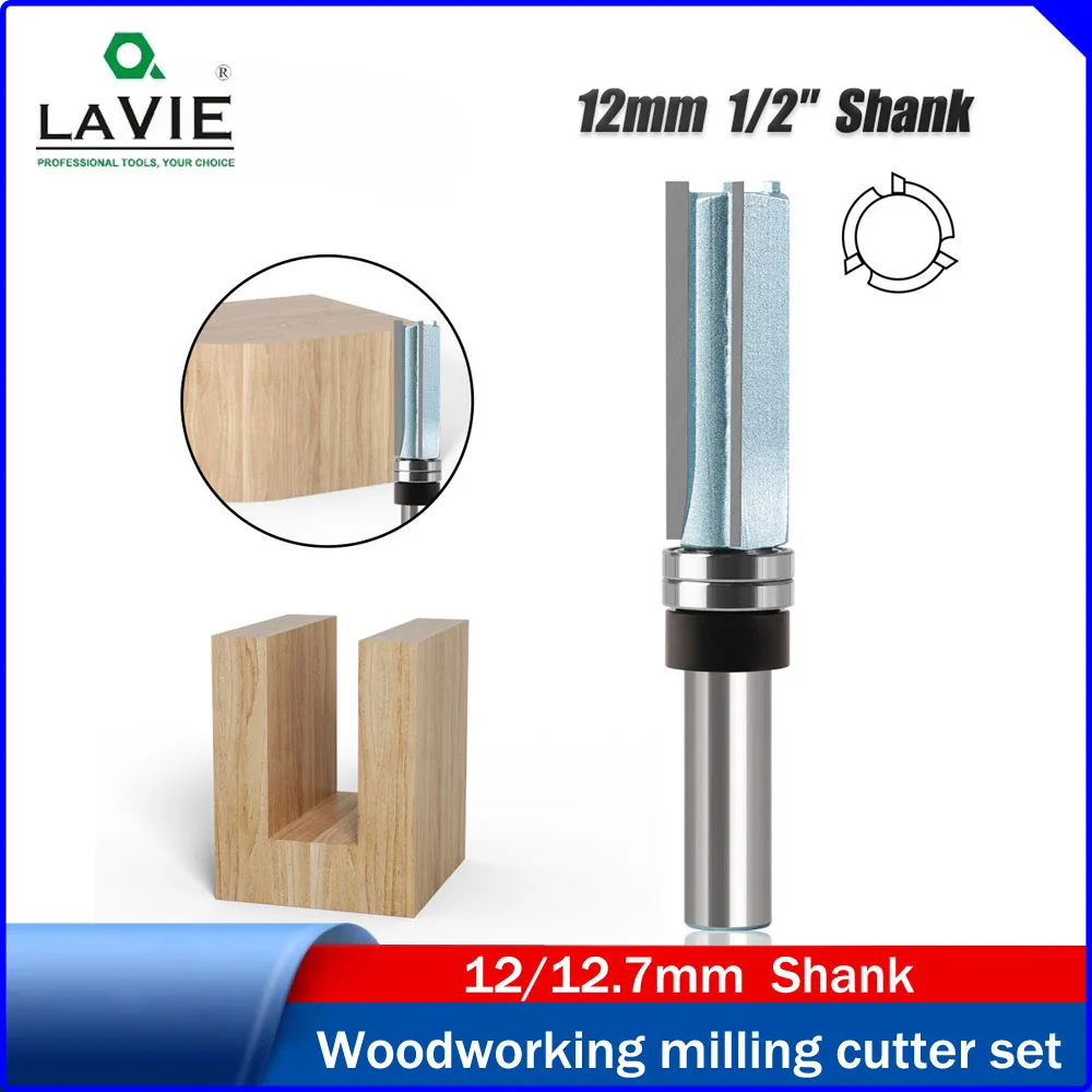 LAVIE Professional Grade Tungsten Carbide 3 Flute Bearing Straight Router Bit,Double Bearing Straight Bit with Bearing Shank