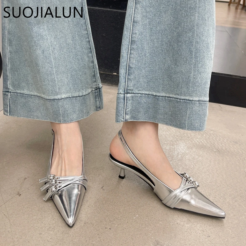 SUOJIALUN 2024 Spring New Brand Women Sandal Fashion Buckle Ladies Elegnat Pointed Toe Slip On Slingback Shoes Thin Med Heel Mul