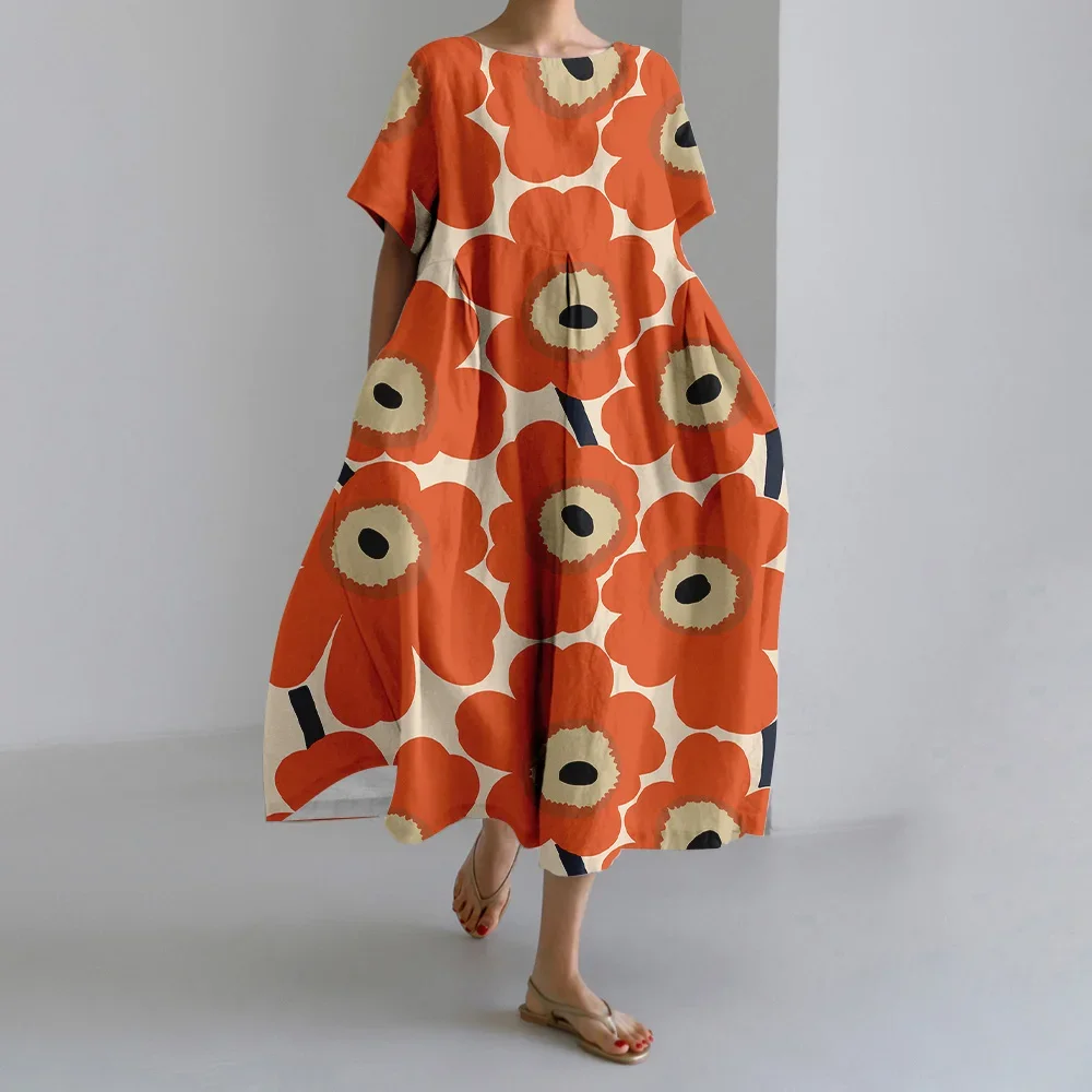 

Fashion Plus Size Women's Short Sleeve Dress Classic 3D Floral Print Round Neck Short Sleeve Midi Dress Autumn Evening Dress