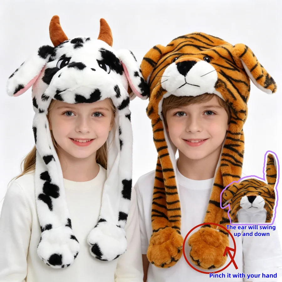 Chapeau en peluche avec protection pour les oreilles, un chapeau en peluche tigre avec oreilles mobiles, épaissi pour plus de chaleur + design original, parfait pour les fêtes / fêtes d'anniversaire / événements de Noël, crée un look mignon sans effort