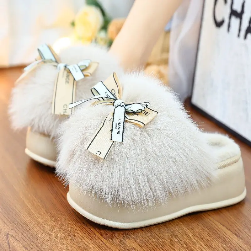 

Girls fluffy platform slippers home woman indoor bowtie deco floor shoes 2024 new stylish flat mules thick bottom female shoes