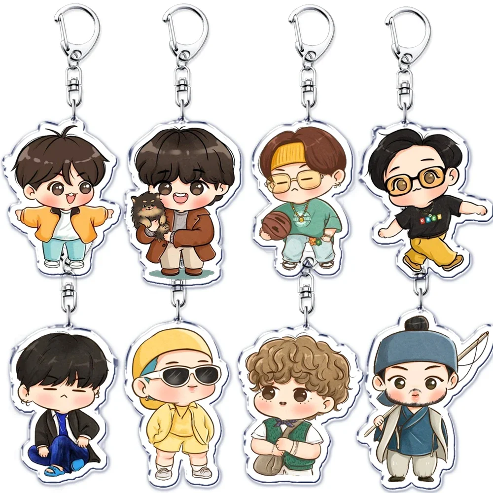 Popular Kpop Chibi Boys Keychain for Bag Accessories Cute Cartoon Idols Figures Key Chain Keyrings Jewelry Korean Band Fans Gift