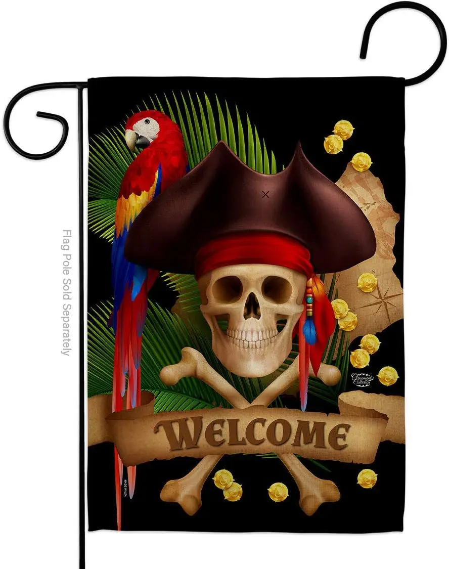 Pirate Ahoy Mate Garden Flag - Coastal Ship Skull Treasure Map Carribean Jolly Blackbeard Jack - House Decoration Banner Small Y